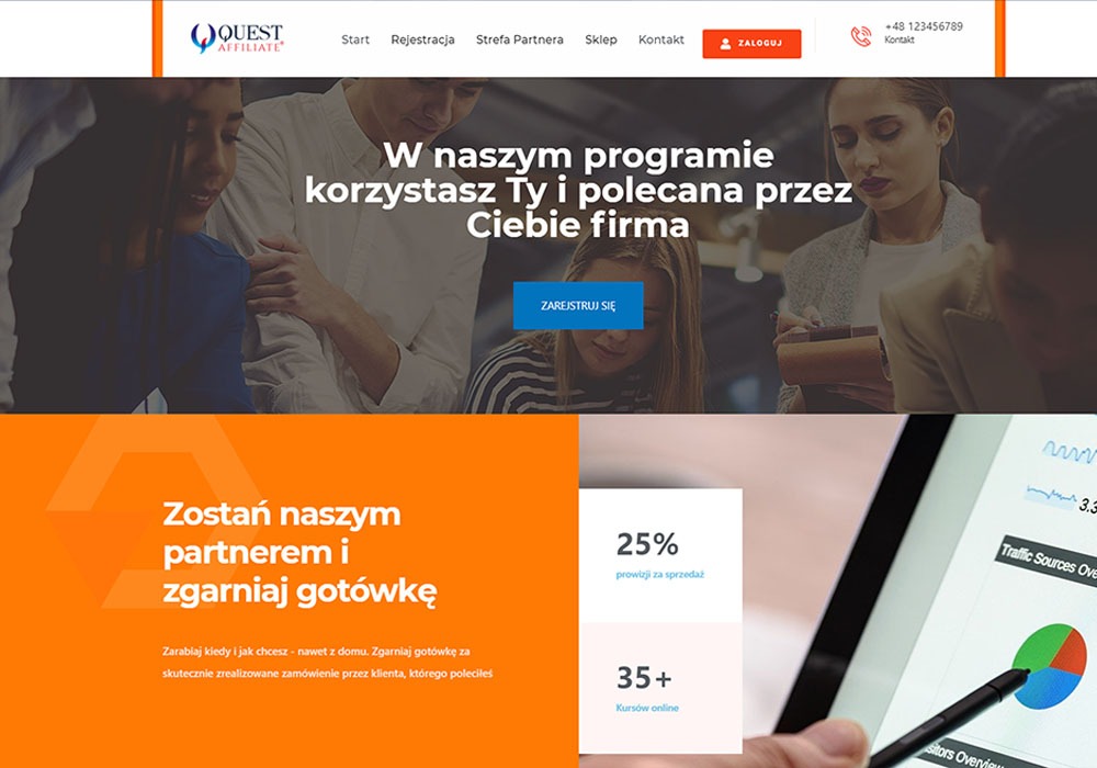 Strona internetowa z nagłówkiem 'W naszym programie korzystasz Ty i polecana przez Ciebie firma', poniżej pomarańczowy baner z tekstem 'Zostań naszym partnerem i zgarniaj gotówkę' oraz wykres...