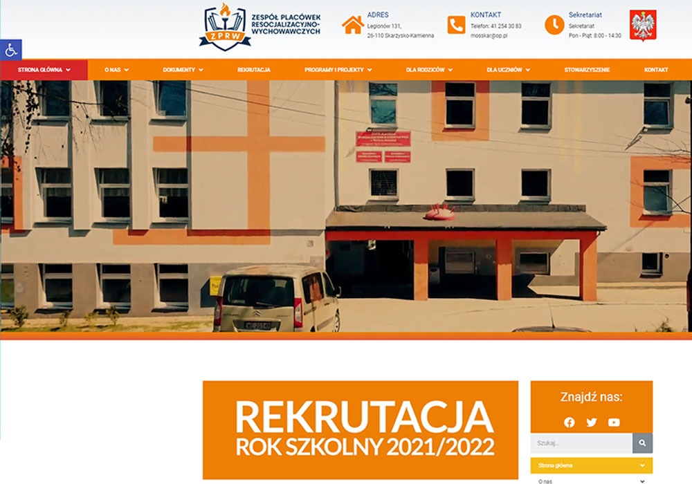 Strona internetowa Zespołu Placówek Resocjalizacyjno-Wychowawczych z budynkiem placówki w tle i widocznym menu nawigacyjnym oraz sekcją rekrutacji na rok szkolny 2021/2022.