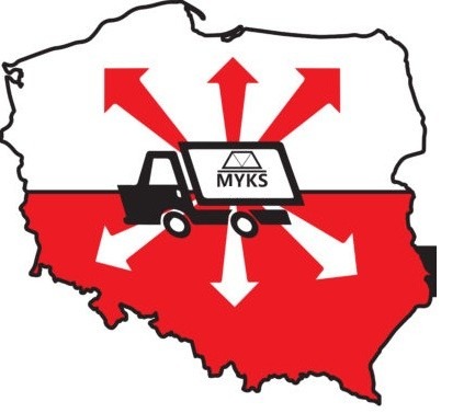 Logo transportowe: ciężarówka z nazwą 'MYKS' na mapie Polski z czerwono-białymi strzałkami wskazującymi kierunki transportu.