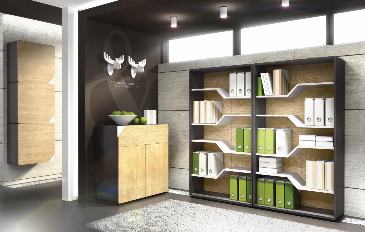 Nowoczesne biuro z minimalistycznymi meblami: drewniana komoda z owocami i dekoracyjnymi głowami jelenia, regał z segregatorami i dokumentami, całość w jasnej kolorystyce z elementami szarości.