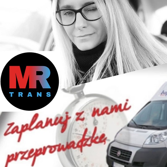 Kolaż: Portret kobiety w okularach, logo MR Trans na czarnym tle oraz wizualizacja busa z napisem 'Zaplanuj z nami przeprowadzkę' i stopera w tle.