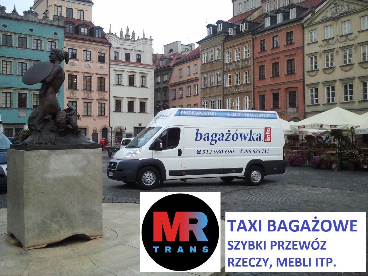 Warszawa, Stare Miasto: biały bus bagazowka.info na tle kolorowych kamienic i pomnika Syrenki Warszawskiej.