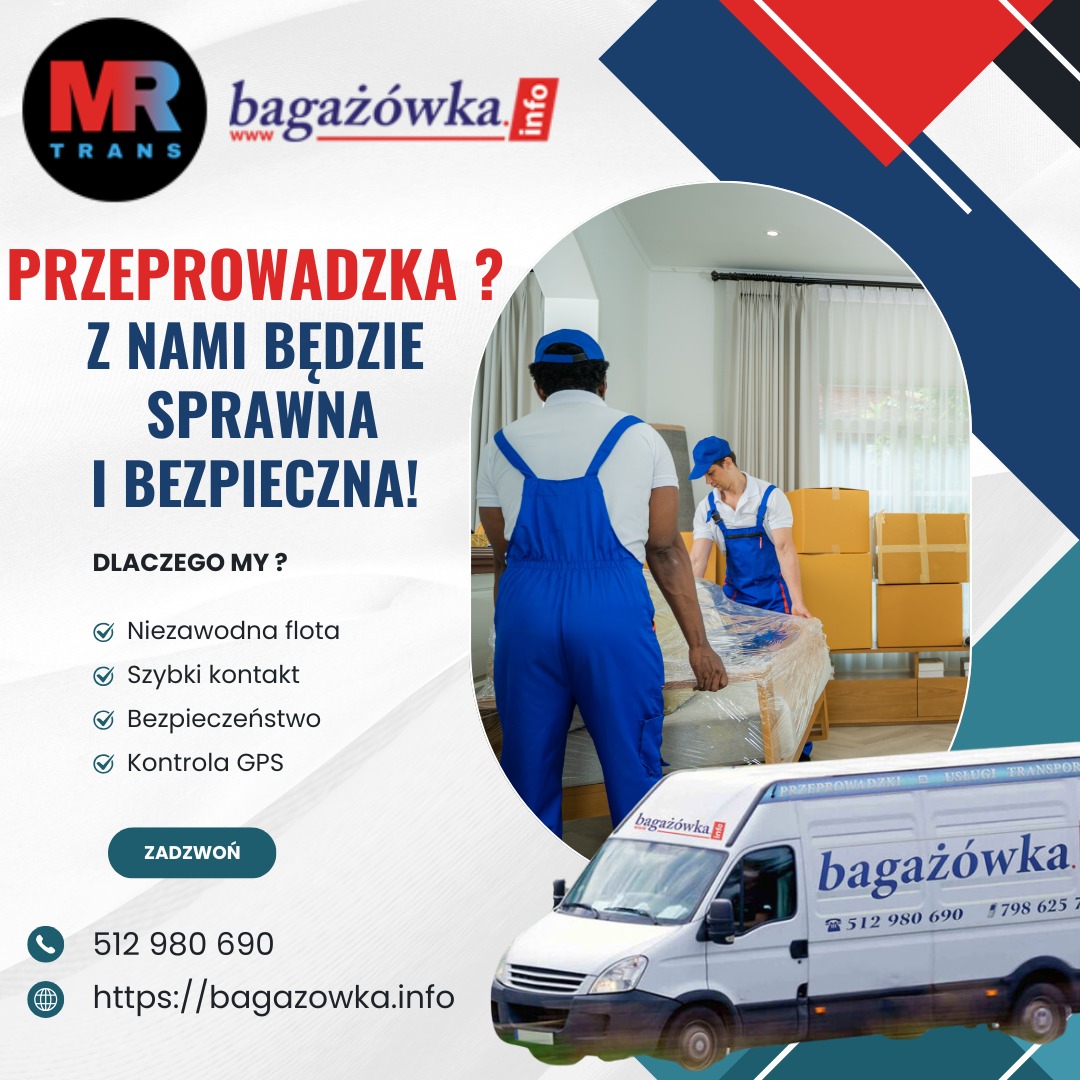 Dwóch mężczyzn w niebieskich kombinezonach owija mebel folią stretch podczas przeprowadzki, w tle widoczne kartony i firmowy bus z logo 'bagażówka.info'.