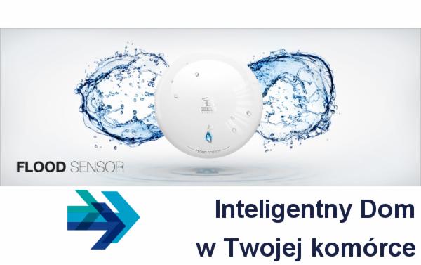 Bezprzewodowy czujnik zalania w kształcie kuli z efektem rozpryskującej się wody, prezentowany na białym tle. Widoczny napis 'FLOOD SENSOR' oraz logo producenta.