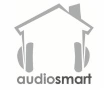 Szare logo firmy audiosmart przedstawiające stylizowany dom z kominem, którego podstawę stanowią słuchawki.