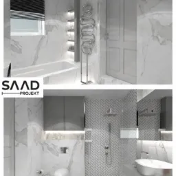 Wizualizacja nowoczesnej łazienki z marmurowymi ścianami, kabiną prysznicową wyłożoną białą cegiełką, podwieszaną toaletą i umywalką w kształcie misy, z logo firmy projektowej w lewym dolnym rogu.