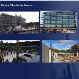 Kolaż zdjęć z budowy Piastów Office Center w Szczecinie, prezentujący różne etapy prac: surowy stan budynku, elewację z dużymi oknami, fundamenty i betonowe ściany, z widocznym żurawiem budowlanym.