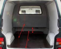 Pusta przestrzeń ładunkowa białego furgonetki z widocznymi wymiarami oznaczonymi czerwonymi strzałkami i literami. Wnętrze czyste, z ciemną podłogą i jasnymi ścianami. Widoczne tylne światła pojazdu.