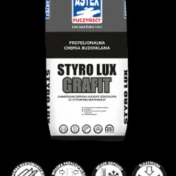 Worek zaprawy klejowo-szpachlowej Styro Lux Grafit firmy Astex Puczyńscy, przeznaczonej do styropianu grafitowego, z ikonami odporności na rozwarstwianie, wysokiej przyczepności, mrozoodporności...