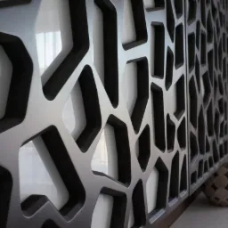 Panel dekoracyjny z ażurowym wzorem w odcieniach szarości, umieszczony na tle białej ściany, z widoczną dekoracyjną kulą na półce obok.