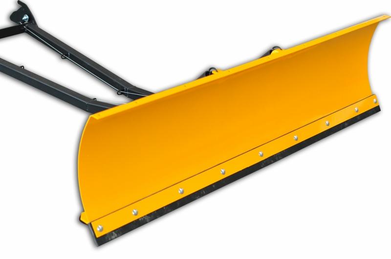 Żółty pług do odśnieżania z czarną gumową listwą dolną, przymocowany do czarnej ramy, widok z boku na białym tle.