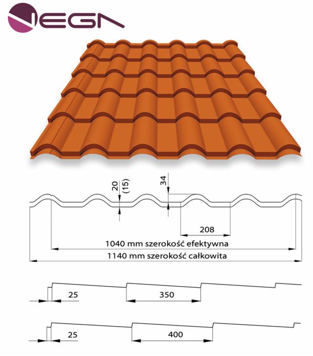 Blachodachówka w kolorze ceglastym z widocznymi wymiarami i przekrojem poprzecznym, ujęcie produktowe z logo producenta w lewym górnym rogu.
