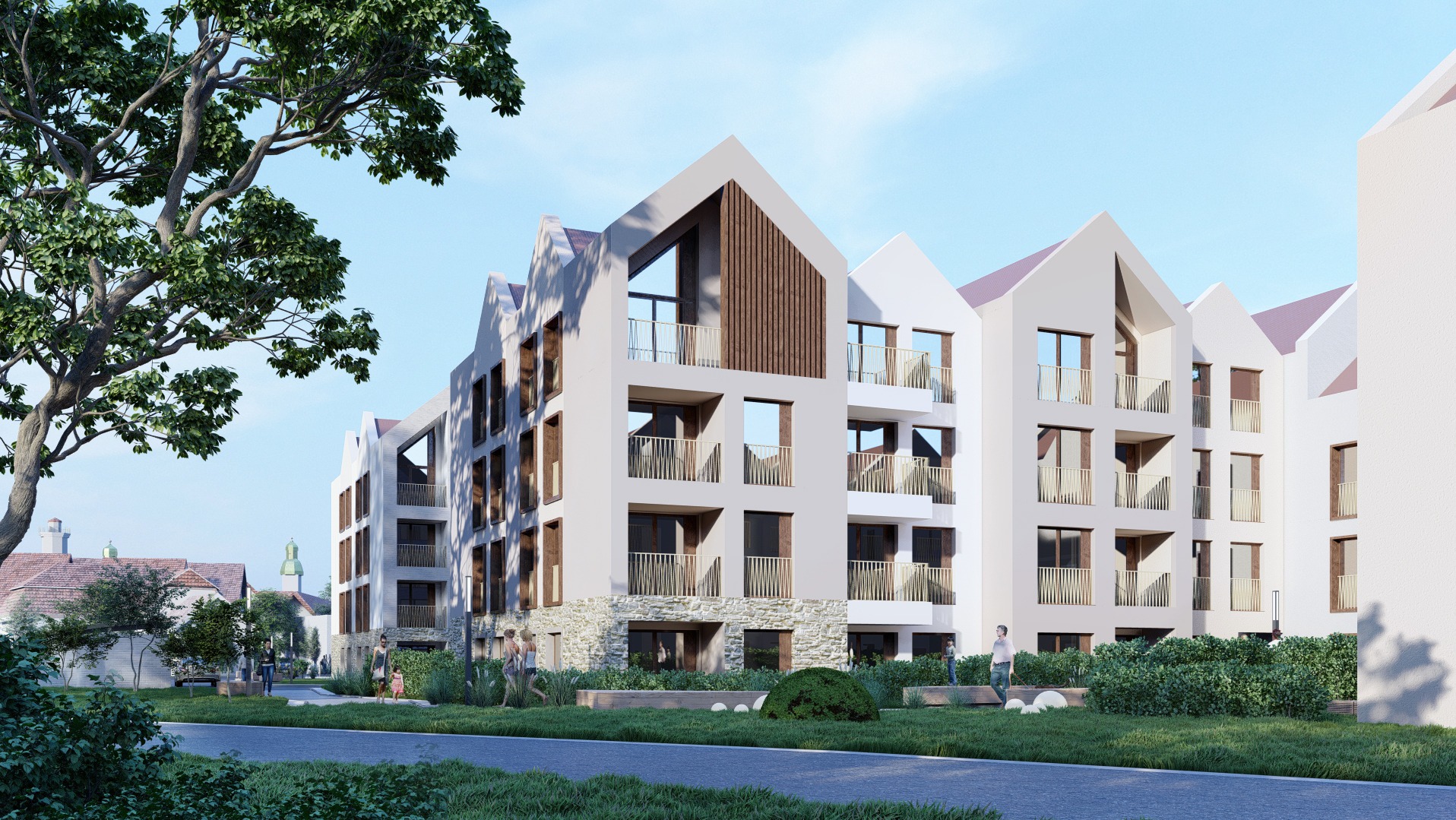 Wizualizacja osiedla Sudetia: nowoczesne budynki z jasną elewacją, drewnianymi akcentami i balkonami. Uwagę zwraca unikalny kształt dachów i otoczenie zieleni.