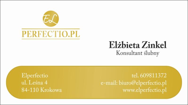 Wizytówka firmy Perfectio.pl, konsultant ślubny Elżbieta Zinkel, z adresem ul. Leśna 4, Krokowa, numerem telefonu i adresem email.