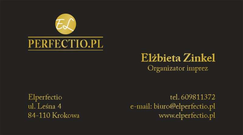 Wizytówka firmy Elperfectio, organizatora imprez, z logo i danymi kontaktowymi na czarnym tle.