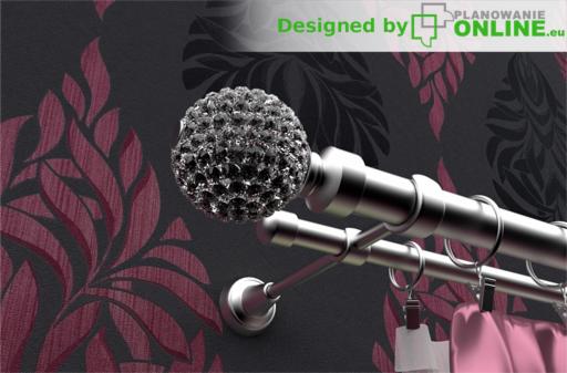 Wizualizacja 3D karnisza z dekoracyjną kryształową końcówką na tle tapety w ciemne kwiatowe wzory.