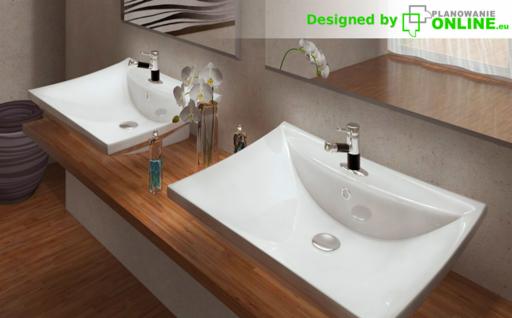 Wizualizacja 3D łazienki z dwiema nowoczesnymi umywalkami nablatowymi na drewnianym blacie, Białystok. Na blacie dekoracje, w tle lustro i kwiaty.