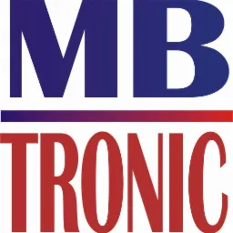 Logo firmy MB TRONIC z napisem w kolorach przechodzących od granatowego do czerwonego, oddzielonym poziomą linią z gradientem.