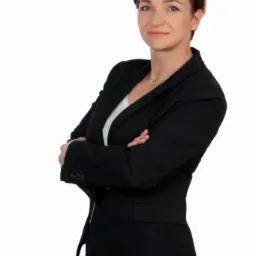 Portret kobiety w czarnym garniturze z rękami skrzyżowanymi na białym tle, sugerujący profesjonalizm doradcy finansowego.