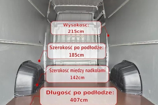 Wnętrze pustej przestrzeni ładunkowej busa z wymiarami: wysokość 215 cm, szerokość po podłodze 185 cm, szerokość między nadkolami 142 cm, długość po podłodze 407 cm.
