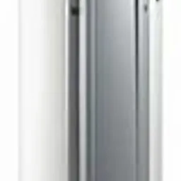 Pionowa powietrzna pompa ciepła do CWU z czarną głowicą i wyświetlaczem, biała obudowa, widok z przodu na białym tle.