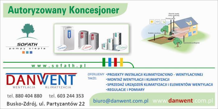 Grafika reklamowa firmy Danwent i Sofath prezentująca pompy ciepła Sofath, schemat instalacji pompy ciepła w domu oraz dane kontaktowe firmy.