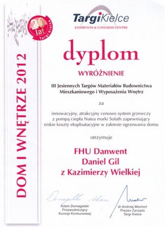 Skan dyplomu z Targów Kielce dla FHU Danwent za innowacyjny system grzewczy z pompą ciepła Natea marki Sofath, przyznany w 2012 roku podczas III Jesiennych Targów Materiałów Budownictwa...