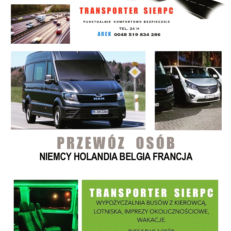 Kompozycja graficzna z autobusem MAN, innymi pojazdami i tekstem reklamującym usługi transportowe, w tym wnętrze autobusu z zielonym oświetleniem.