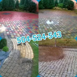 Czteroczęściowe zdjęcie: kostka brukowa przed i po czyszczeniu, widoczne różnice w kolorze i zabrudzeniach, numer telefonu nałożony na obraz.