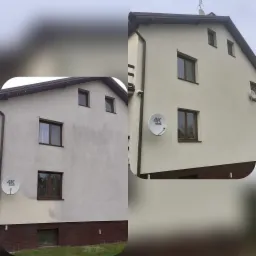 Porównanie elewacji domu przed i po odświeżeniu, ukazujące różnicę w kolorze i czystości, z widoczną anteną satelitarną.