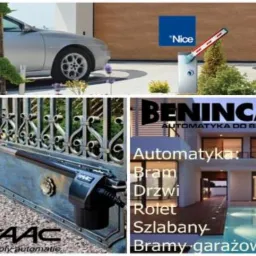 Kompozycja czterech ujęć automatyki do bram: szlaban, brama garażowa, brama ozdobna i reklama automatyki Beninca z domem i basenem w tle.