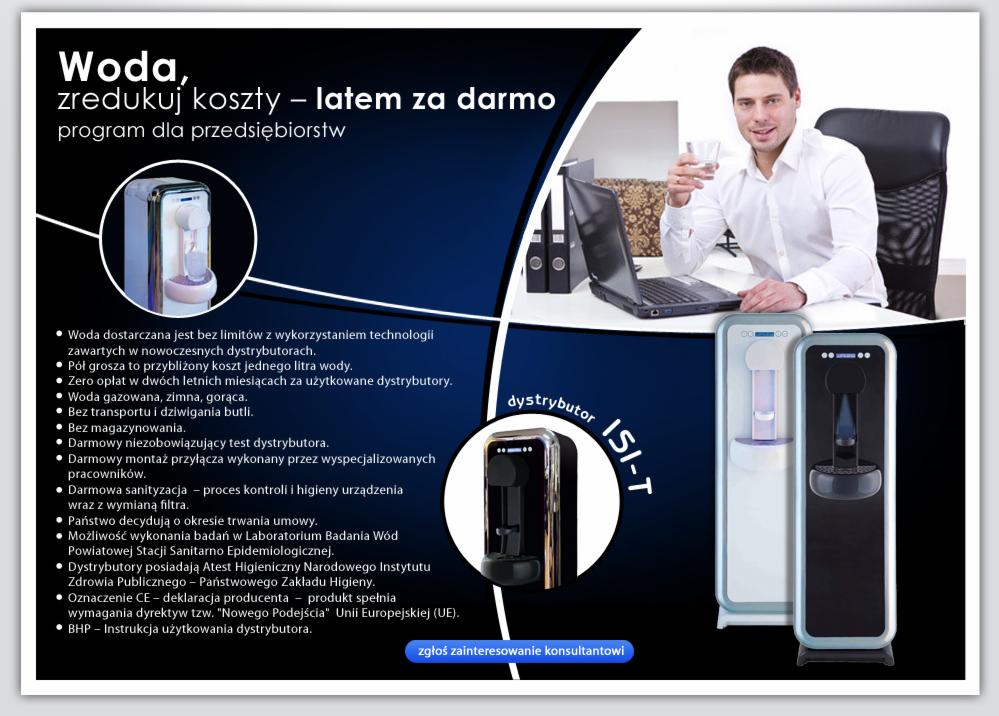 Mężczyzna w biurze trzyma szklankę wody na tle laptopa i dwóch nowoczesnych dystrybutorów wody, jeden czarny, drugi biały, prezentowanych na grafice reklamowej.