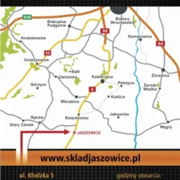 Mapa dojazdu do składu opału w Jaszowicach koło Kobierzyc, z zaznaczonymi drogami E40, S8, A4 oraz numerem drogi 8.