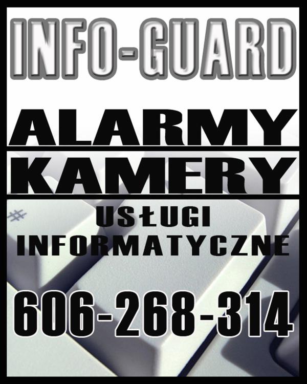 Reklama firmy Info-Guard z numerem telefonu na tle klawiatury, oferującej alarmy, kamery i usługi informatyczne.