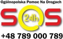Grafika z napisem 'Ogólnopolska Pomoc Na Drogach' i dużym czerwono-żółtym napisem 'SOS 24h' oraz numerem telefonu +48 789 000 789, reprezentująca firmę z Częstochowy oferującą pomoc drogową.