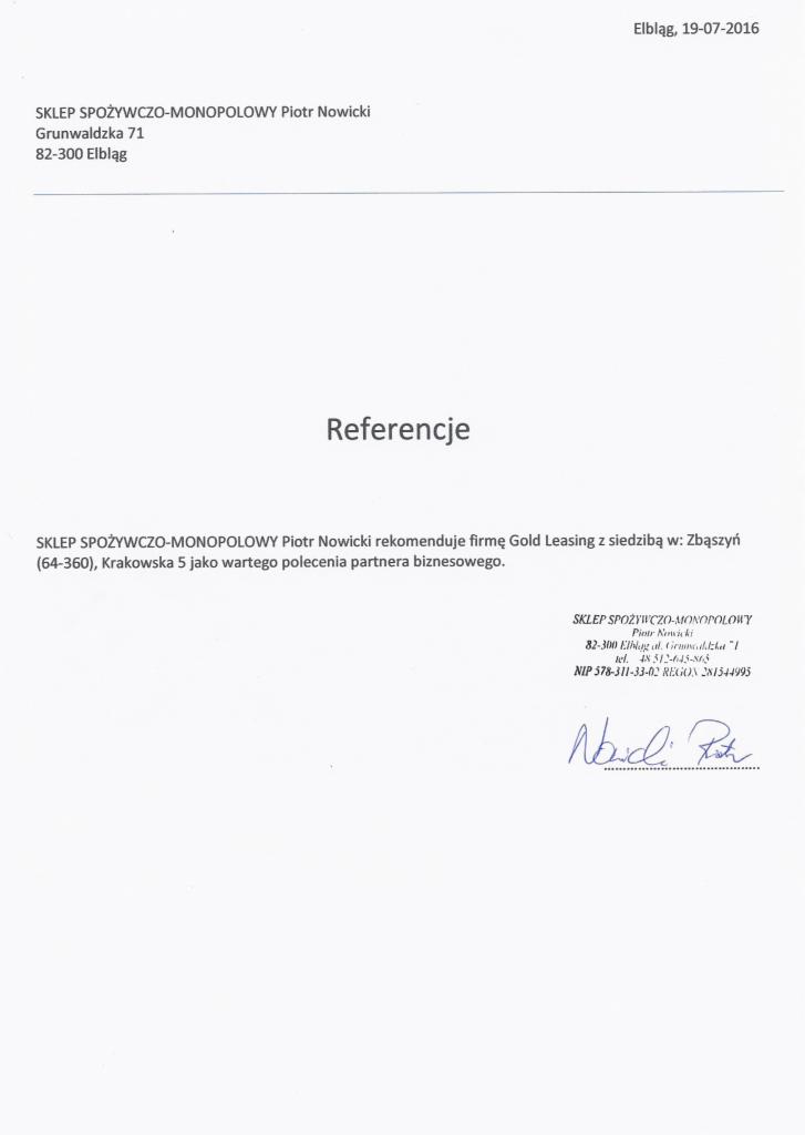 Referencje Sklep Spożywczo-Monopolowy Elbląg