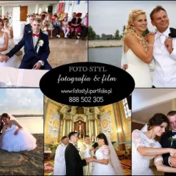 Kolaż zdjęć ślubnych: ceremonia w kościele, plener nad jeziorem, para rysująca serce na piasku, i krojenie tortu weselnego.