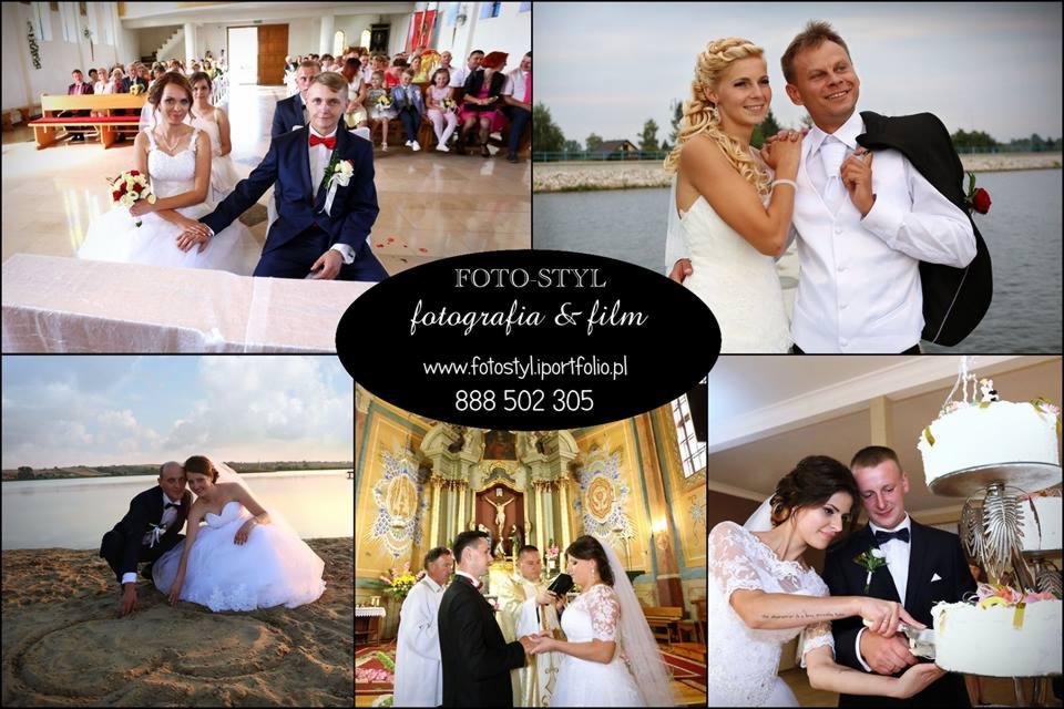 Kolaż zdjęć ślubnych: ceremonia w kościele, plener nad jeziorem, para rysująca serce na piasku, i krojenie tortu weselnego.