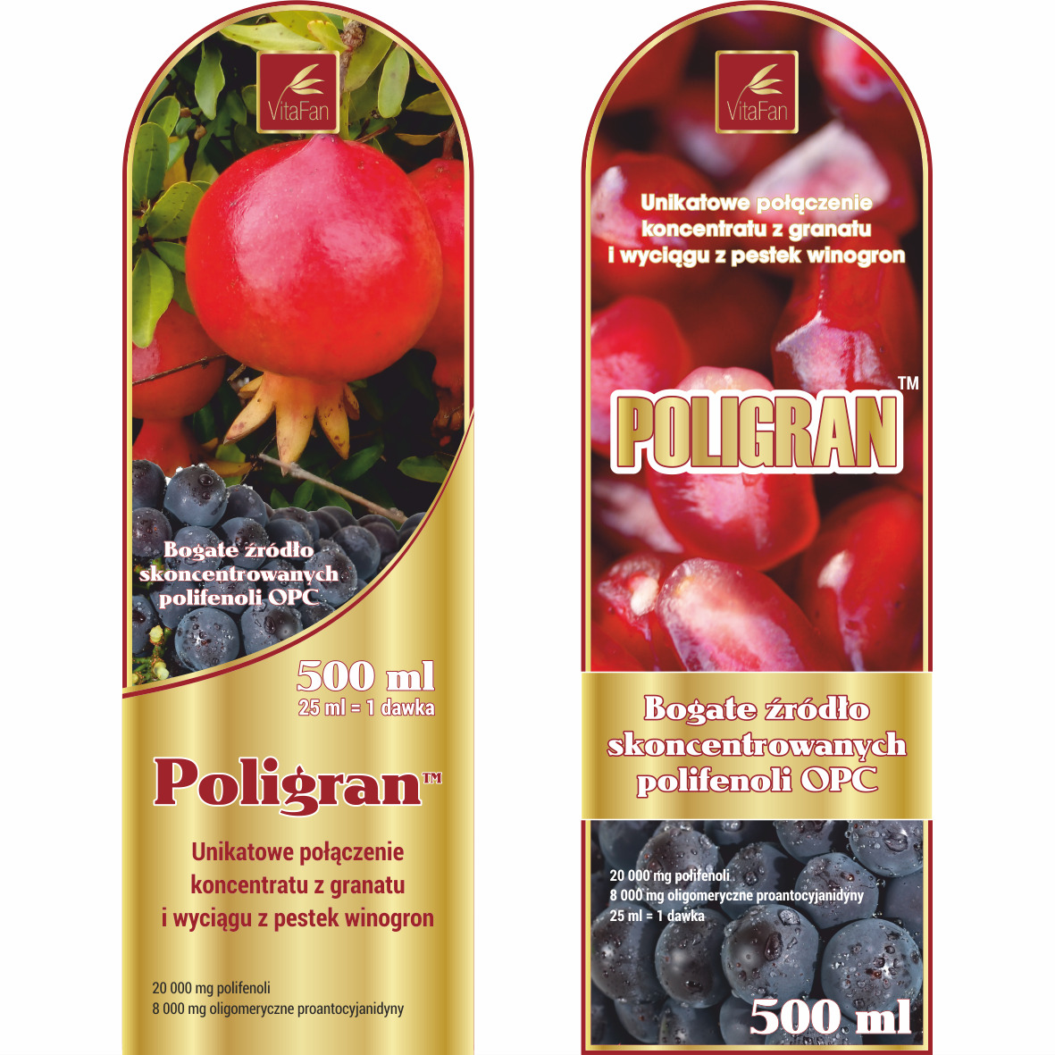 Dwie etykiety suplementu diety Poligran z granatem i pestkami winogron, prezentujące skład i właściwości produktu na złotym tle.