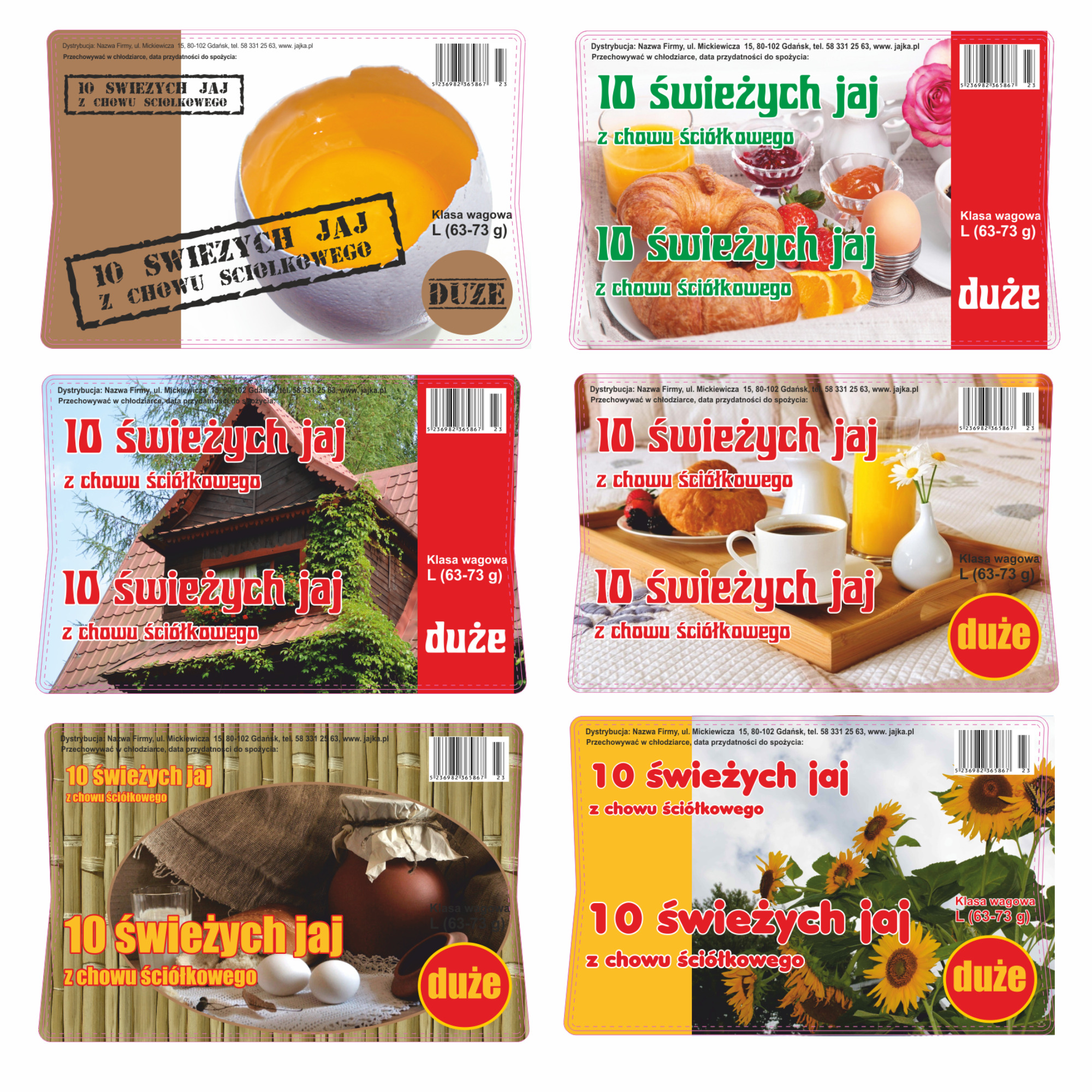Zestaw sześciu etykiet na opakowania jaj z chowu ściółkowego, każda z innym motywem graficznym: przekrojone jajko, śniadanie kontynentalne, wiejski dom, dzbanek z jajami, kwiaty w wazonie...