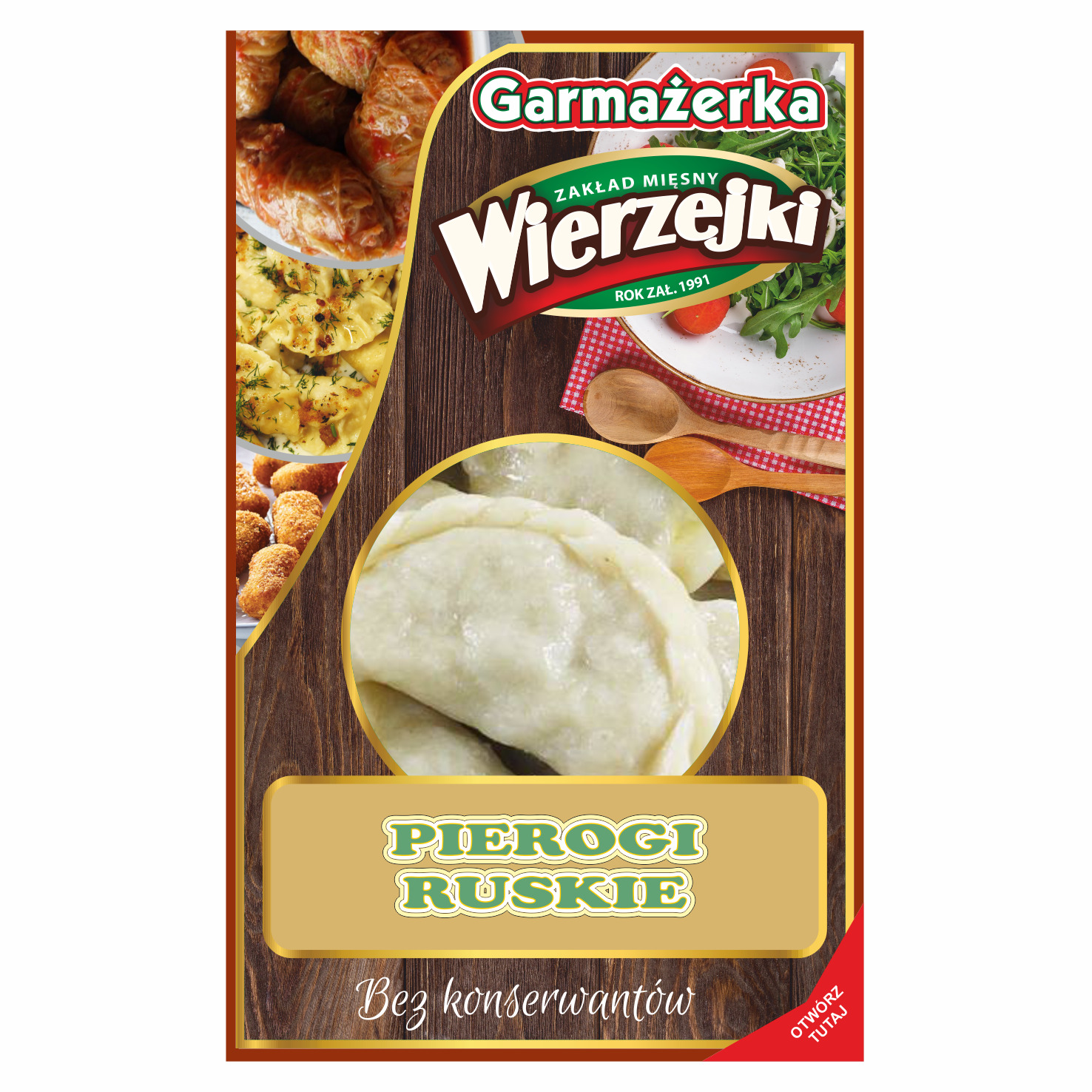 Etykieta produktu: Pierogi Ruskie marki Garmażerka, z elementami graficznymi przedstawiającymi pierogi, krokiety i gołąbki na tle drewnianym.