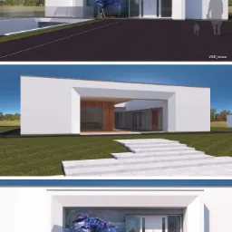 Wizualizacja nowoczesnego, białego domu z płaskim dachem, z garażem podziemnym i muralem z motywem ptaka przy wejściu, widok z różnych perspektyw.