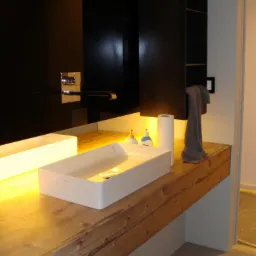 Nowoczesna łazienka z drewnianym blatem pod umywalkę, podświetlonym od spodu, z czarnymi szafkami w tle i chromowaną armaturą.