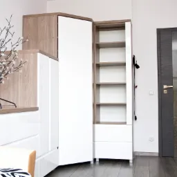 Biało-drewniana szafa z otwartymi półkami, dekoracyjne drzewko na szafce, ciemne drzwi z szybą, drewniana podłoga. Nowoczesny design wnętrza.