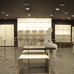 Puste wnętrze sklepu odzieżowego z szarymi płytkami podłogowymi, białymi regałami i wieszakami oraz przezroczystym manekinem siedzącym na czarnym stole.