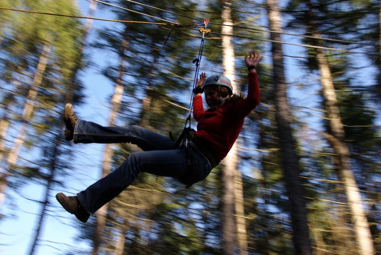 Osoba w kasku i uprzęży zjeżdża na linie w lesie, widoczne wysokie drzewa i niebieskie niebo w tle.