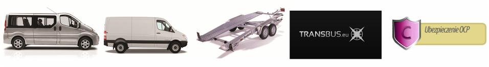 Kolaż: srebrny bus pasażerski, biały furgon dostawczy, pusta przyczepa laweta, logo TRANSBUS.eu na czarnym tle, grafika polisy ubezpieczeniowej OCP.