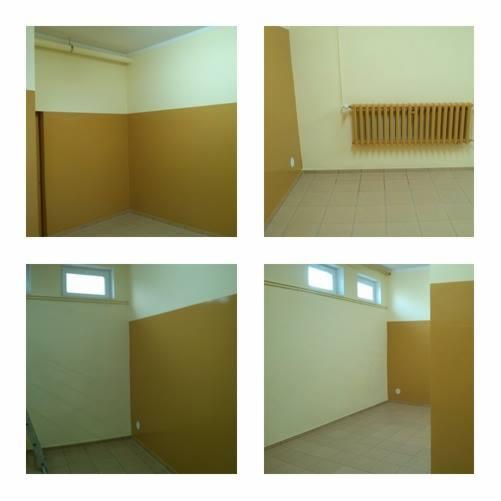 Cztery kadry wnętrza po malowaniu: ściany dwukolorowe (beż i krem), grzejnik, okno. Widoczne ślady po gniazdkach. Jasna podłoga z płytek.