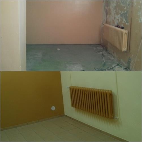 Porównanie: pokój przed i po malowaniu. Górne ujęcie: zniszczona ściana, stary grzejnik. Dolne ujęcie: świeżo pomalowana ściana, odnowiony grzejnik, nowe płytki podłogowe.