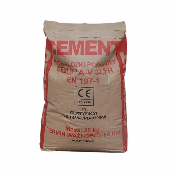 Worek z cementem popiołowym CEM II/A-V 32,5 R, z widocznym certyfikatem CE i informacją o masie 25 kg oraz terminie ważności.